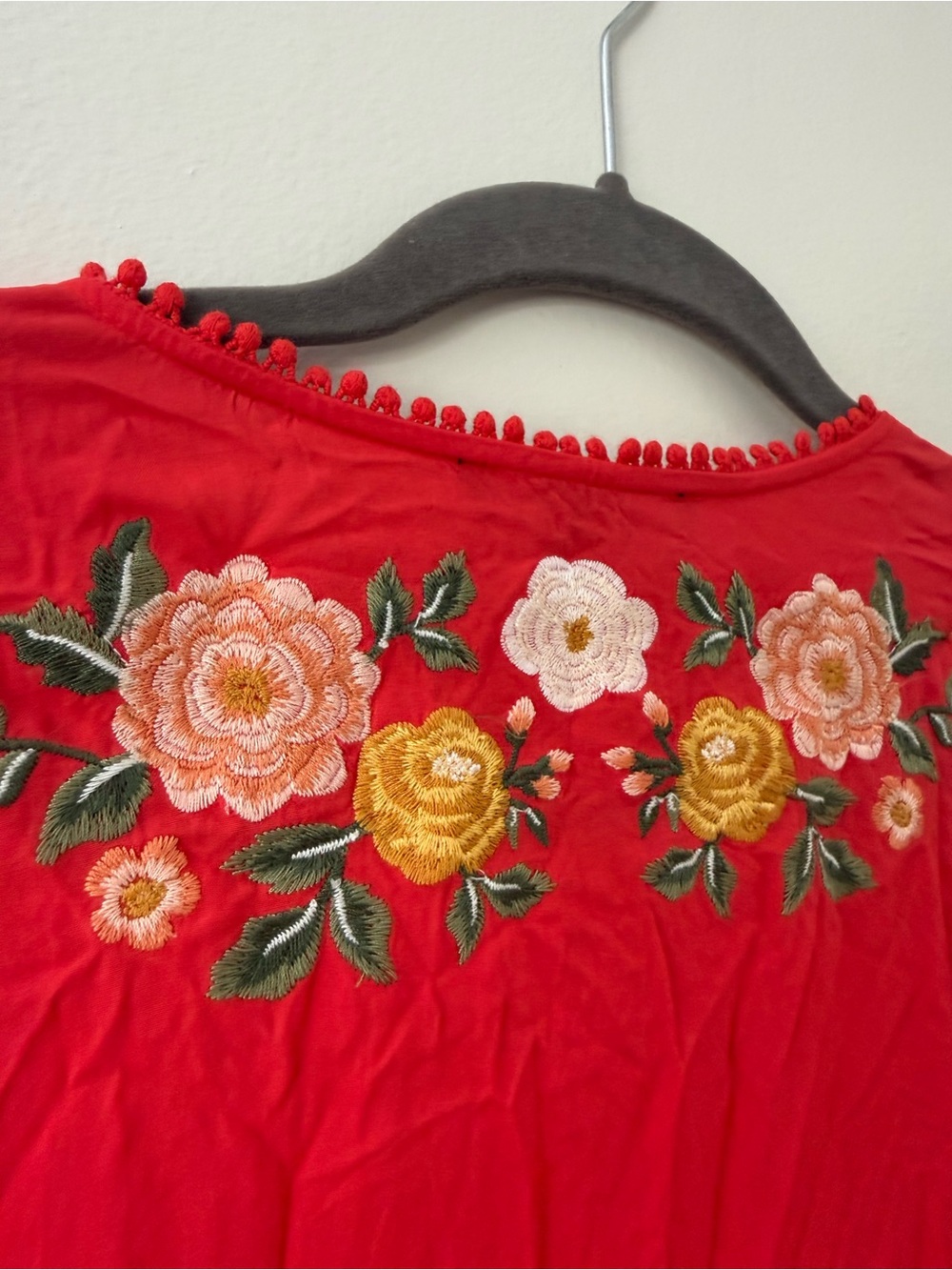 Floral Embroidered Red Maxi Duster Summer Kimono w/ Tie Front Size Lg Forever 21 - Picture 8 of 12